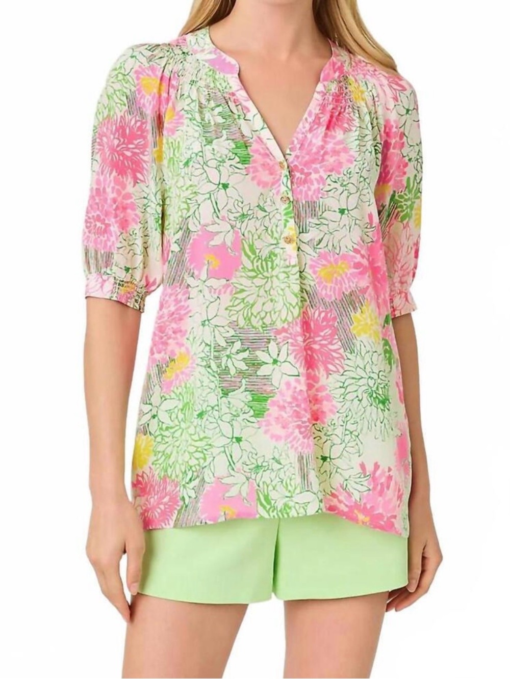 NEW Lilly Pulitzer Elsa Short Sleeve Top Mum Patch 100% Silk Small MSRP $178 NWT